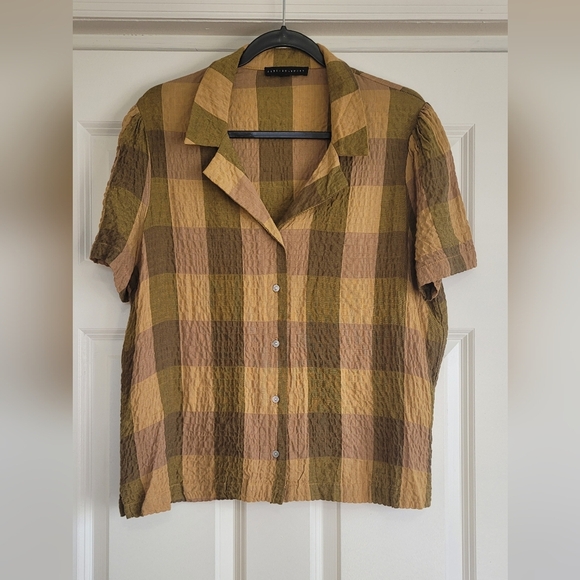 Jane + Delancey Mustard & Brown Gingham Plaid Gauzy Camp Shirt - Size L - Picture 1 of 8